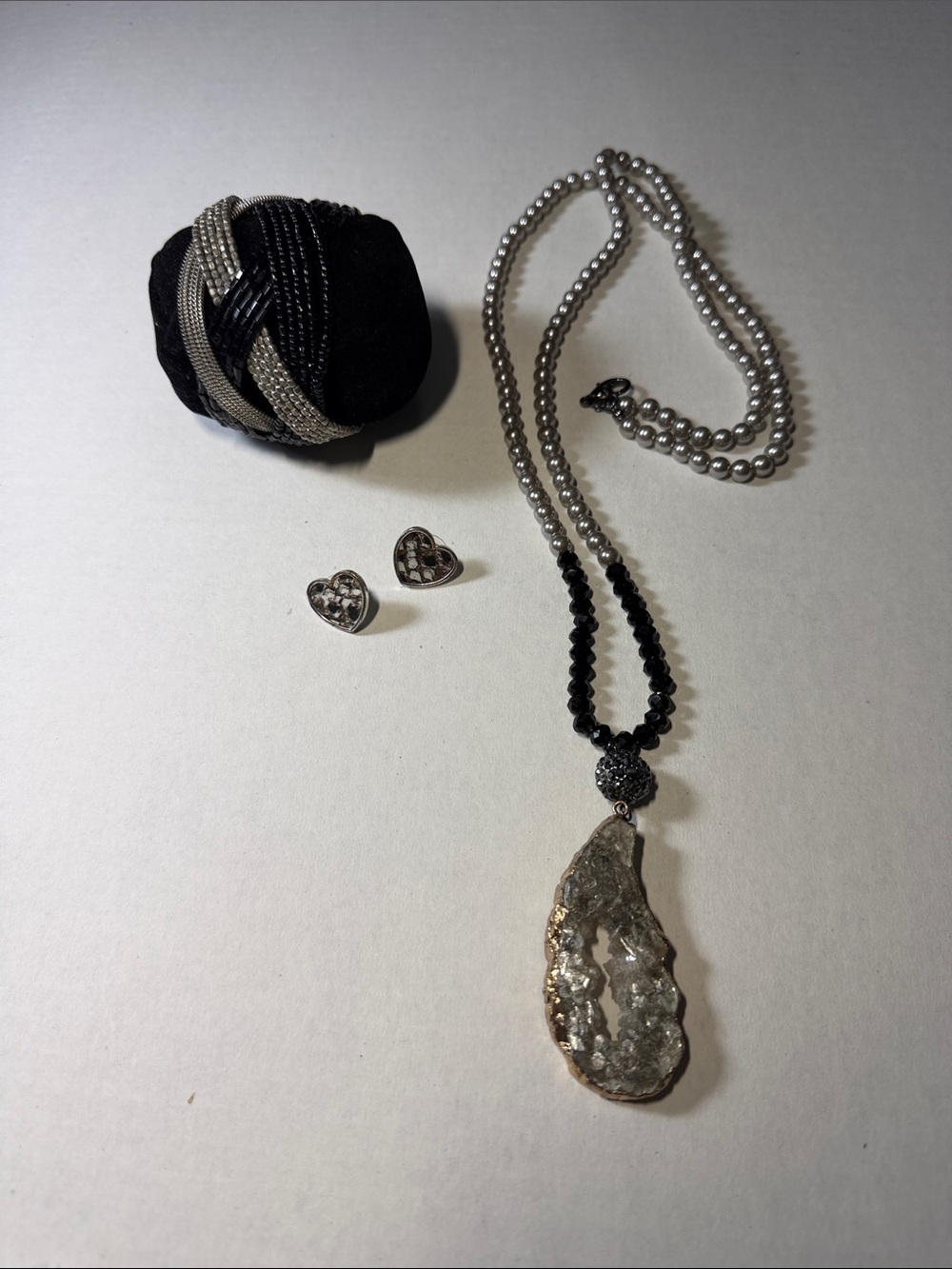 Unbranded Black and Silver Beaded Necklace with Druzy Pendant
